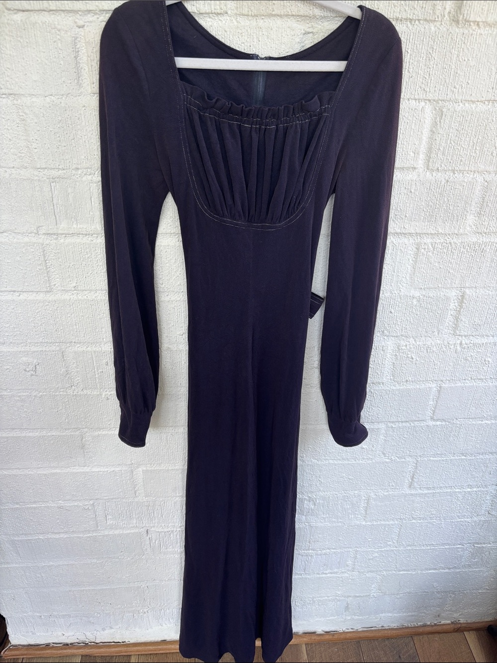 Vintage Contempo Casuals Smocked Square-Neck Long Sleeve Black Maxi Dress